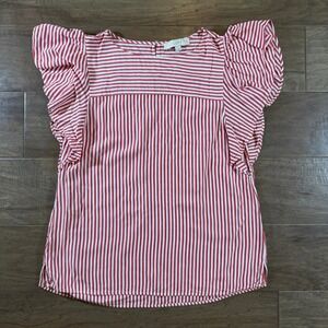 LOFT‎ Womens Red White Striped Flutter Sleeve Blouse Top Small 461297